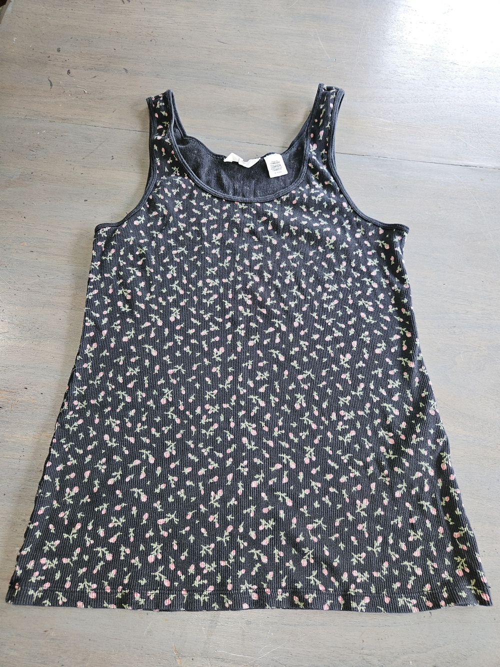 Black Floral Ribbed Tank Top - Women's